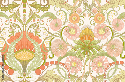 Decorative flowers and leaves in art nouveau style  vintage  old  retro style. Seamless pattern  background. Vector illustration.