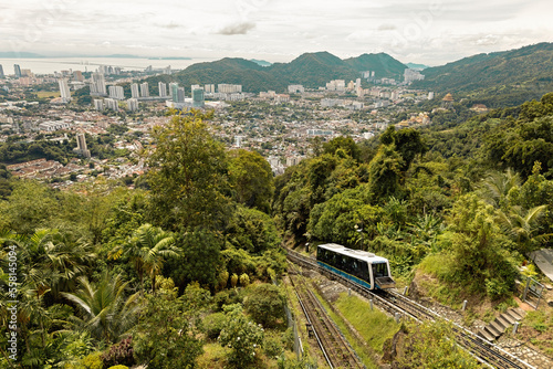 Photos Funicular going to the top station in Penang Hill with George Town aerial view,