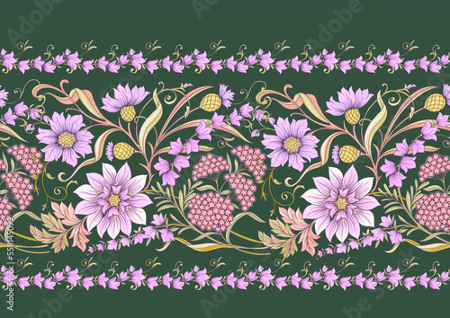 Decorative flowers and leaves in art nouveau style, vintage, old, retro style. Seamless pattern, background. Vector illustration.