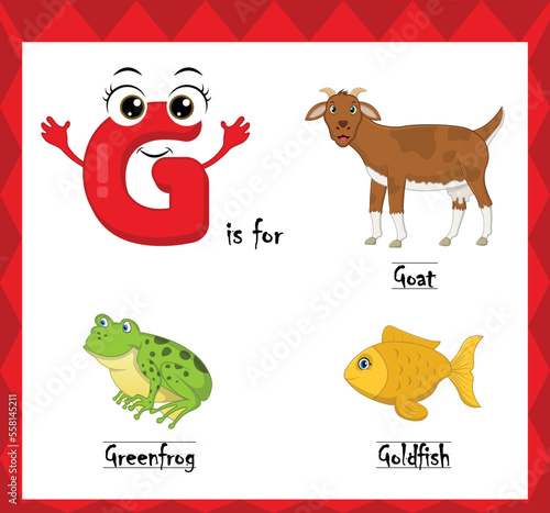 Letter g vector, alphabet g for goat, greenfrog, goldfish animals, english alphabets learn concept.