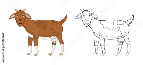 Happy cartoon goat with line art, goat sketch color less page isolated on white background.