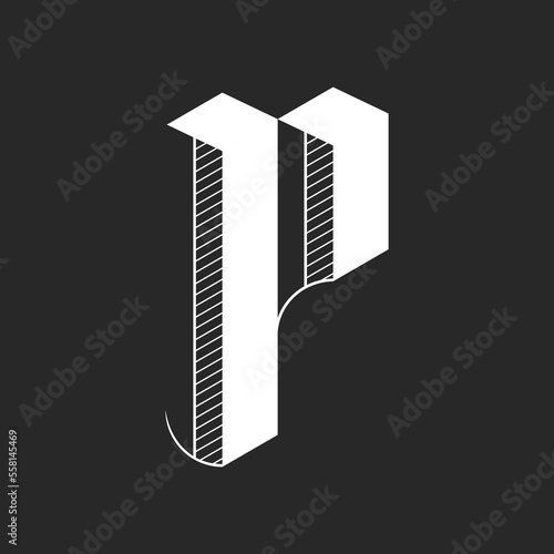 Monogram P logo letter white color on a black background, calligraphic Gothic style 3d effect font, typographic design element mockup.
