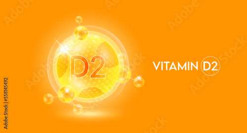 Vitamin D2 and bubble atom molecule collagen serum chemical formula shield protection skin. Skincare anti age nutrition supplement multivitamin complex. On orange background. 3D vector.