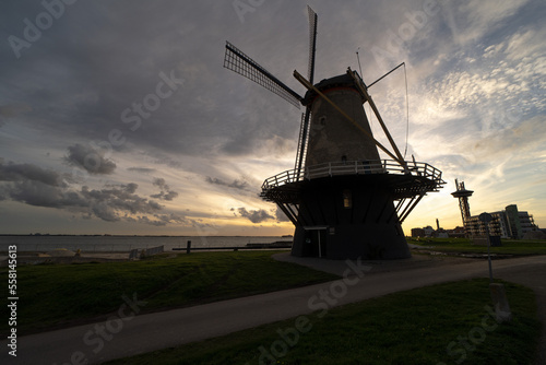 Historical windmill the Oranjemolen in Vlissingen at dusk