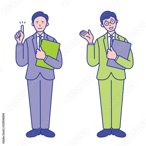 資料ファイルを持った20代〜40代男性ビジネスマンの全身イラスト素材【セット