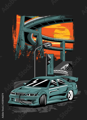 night racing, illustration of city bridge and race car