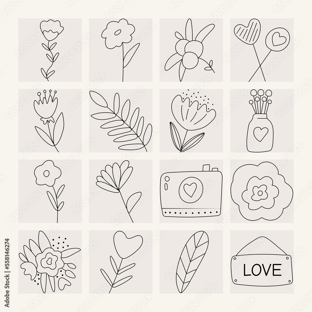 Set of icons, elements for Valentine's day, declarations of love and wedding doodles. Hearts, flowers, sweets, camera. Black line.