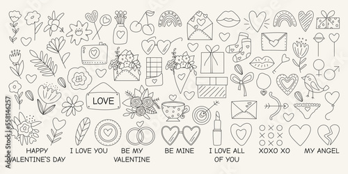 Set of icons, elements for Valentine's day, declarations of love and wedding doodles. Design for prints, postcards and coloring books. Black line on a white background.