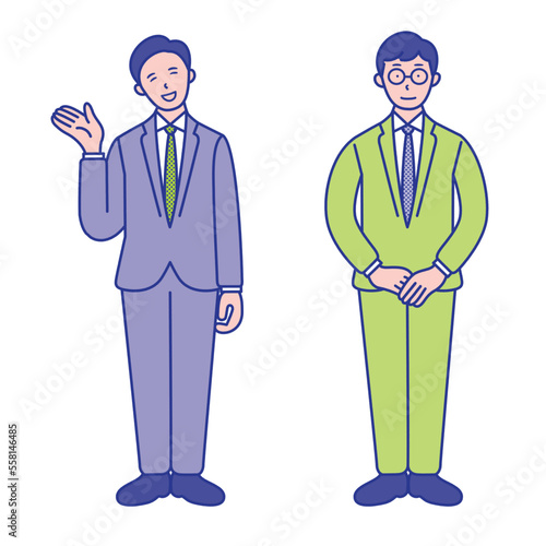 案内をする20代〜40代男性ビジネスマンの全身イラスト素材【セット】