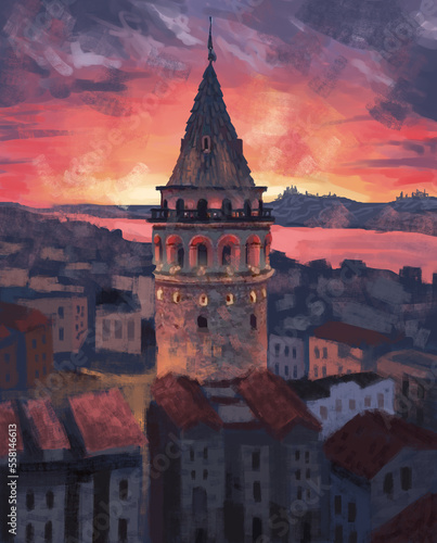 Galata tower sunset in Istanbul Turkey digital landscape painting photo