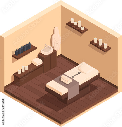 isometric equipped massage room, vector illustration