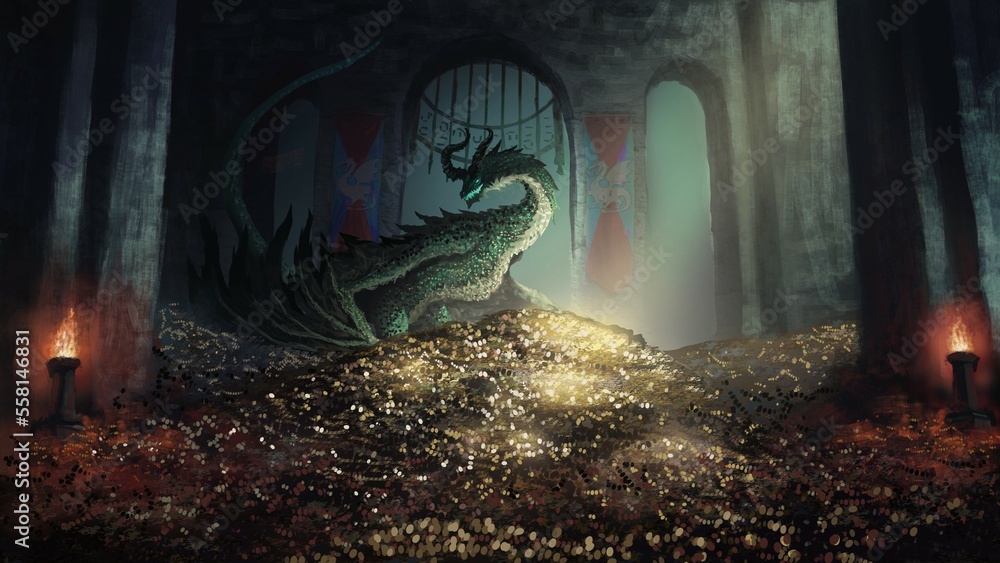 Obraz premium Green dragon treasure fantasy digital painting