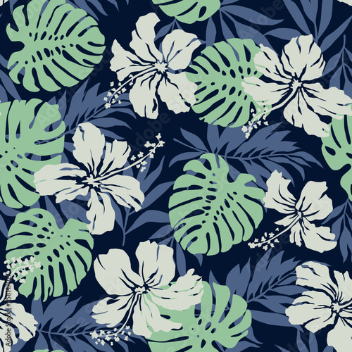 hibiscus flowers tropical palm monstera leaves wallpaper Hawaiian style vector floral seamless pattern © PrintingSociety