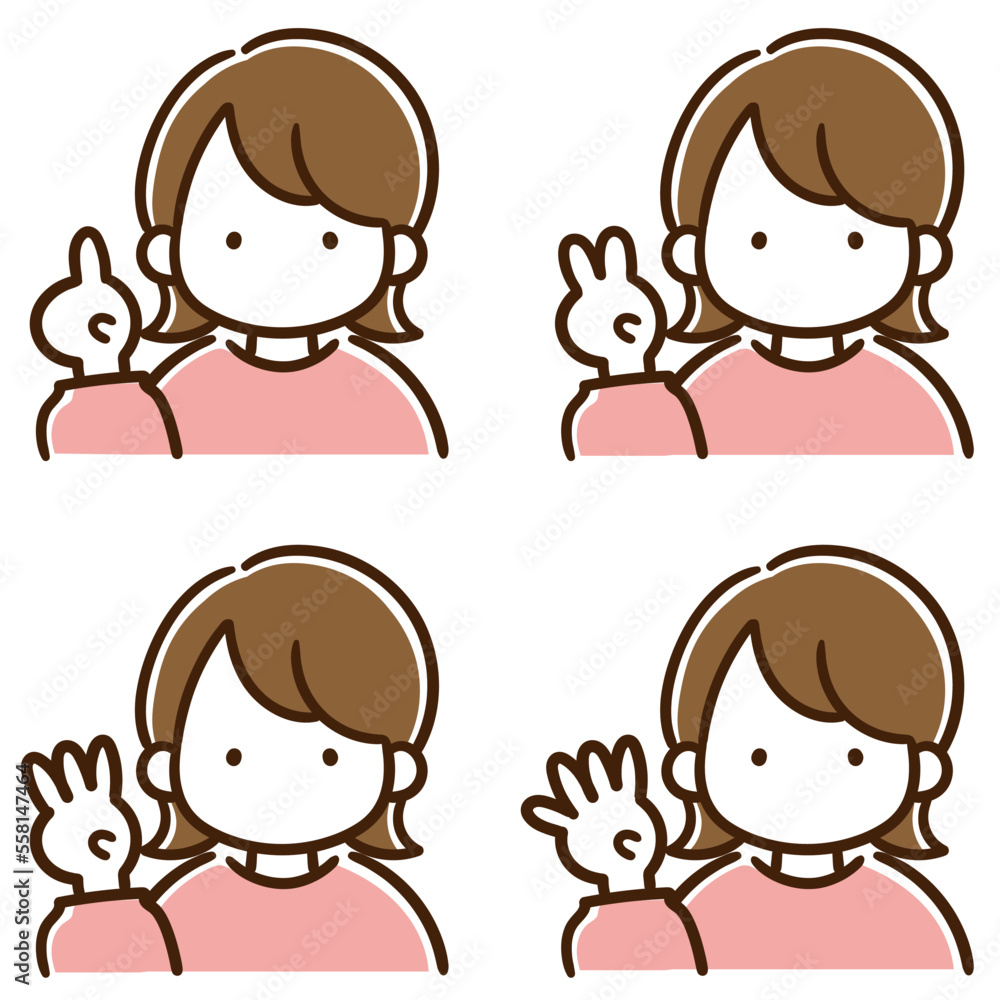 1234の指ポーズをするボブヘアの女性のシンプルな上半身イラストセット 1234の指ポーズをするボブヘアの女性のシンプルな上半身イラストセット