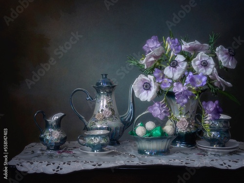 Still Life with Tea ware and a Bouquet of Flowers