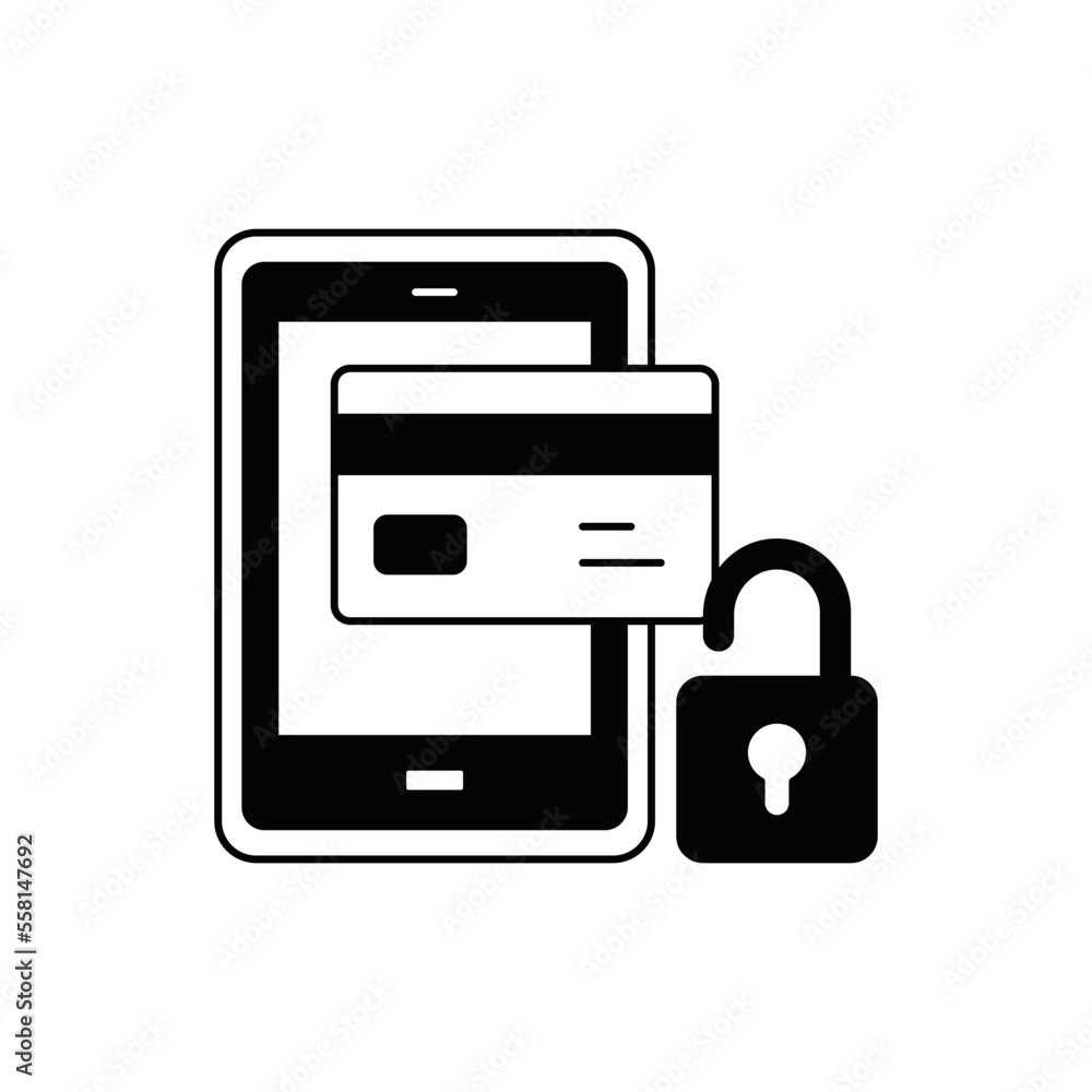 Locked mobile payment card icon in black flat glyph, filled style isolated on white background Locked mobile payment card icon in black flat glyph, filled style isolated on white background