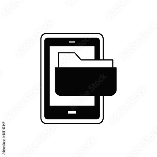Mobile Sharing file folder icon in black flat glyph, filled style isolated on white background