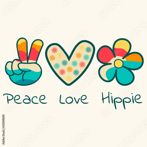 Icon, sticker in hippie style with text Love, Peace, Hippie and heart, victory sign and flower on beige background in retro style.
