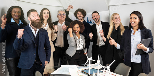 Billede på lærred Horizontal banner with multiethnic joyful business people looking at camera insi