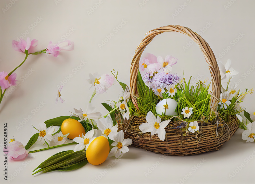 Happy Easter. Basket with easter eggs. Easter greeting background. Happy Easter. Basket with easter eggs. Easter greeting background.