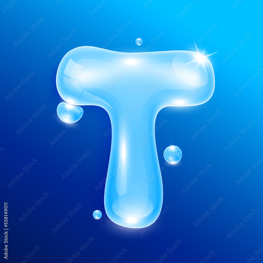 Water alphabet letter T. Font type uppercase letters isolated on blue background. Used for graphic design work. 3D Vector EPS10 illustration.