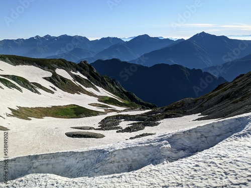 Ushiro Tateyama Mountain Range seeing from Kuranosuke Cirque in July. Tateyama Town, Toyama Prefecture, Japan photo