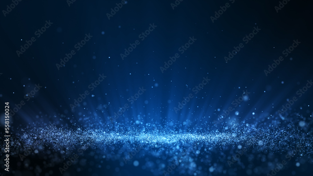 Glitter white blue particles stage and light shine abstract background. Flickering particles with bokeh effect.
