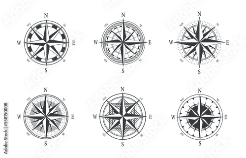 Set of  various vintage marine compasses. Different vintage compass collection. Vector stock