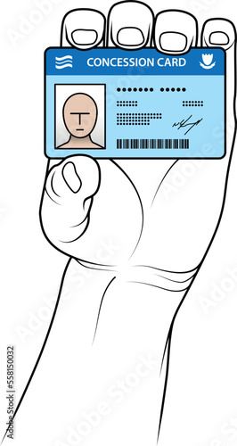 Hand holding up a concession card with a photograph.