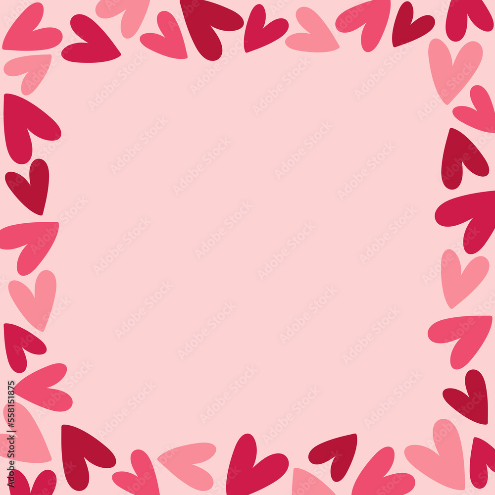 Square frame with pink and red hearts on pink background. Hand drawn doodle style