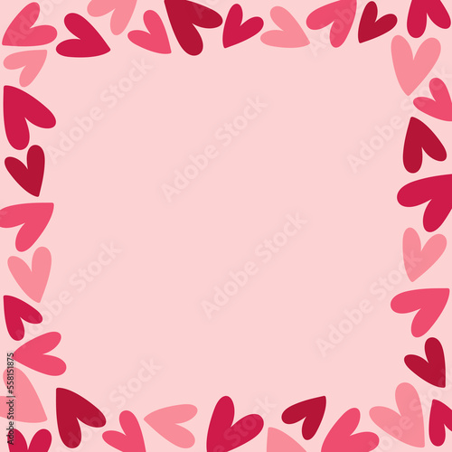 Square frame with pink and red hearts on pink background. Hand drawn doodle style © Yaryna