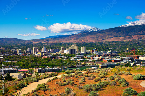 Downtown Reno skyline, Nevada, with hotels, casinos and surrounding mountains