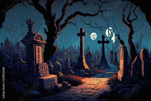 zoom background, old cemetery filled with monsters on Halloween night. Generative AI