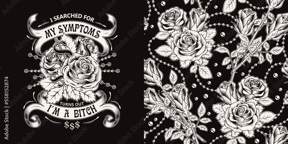 Set of pattern, emblem with text, ribbons, blooming roses, ball chains. Black background. Vector monochrome vintage illustration. For T-shirt, clothing, surface design