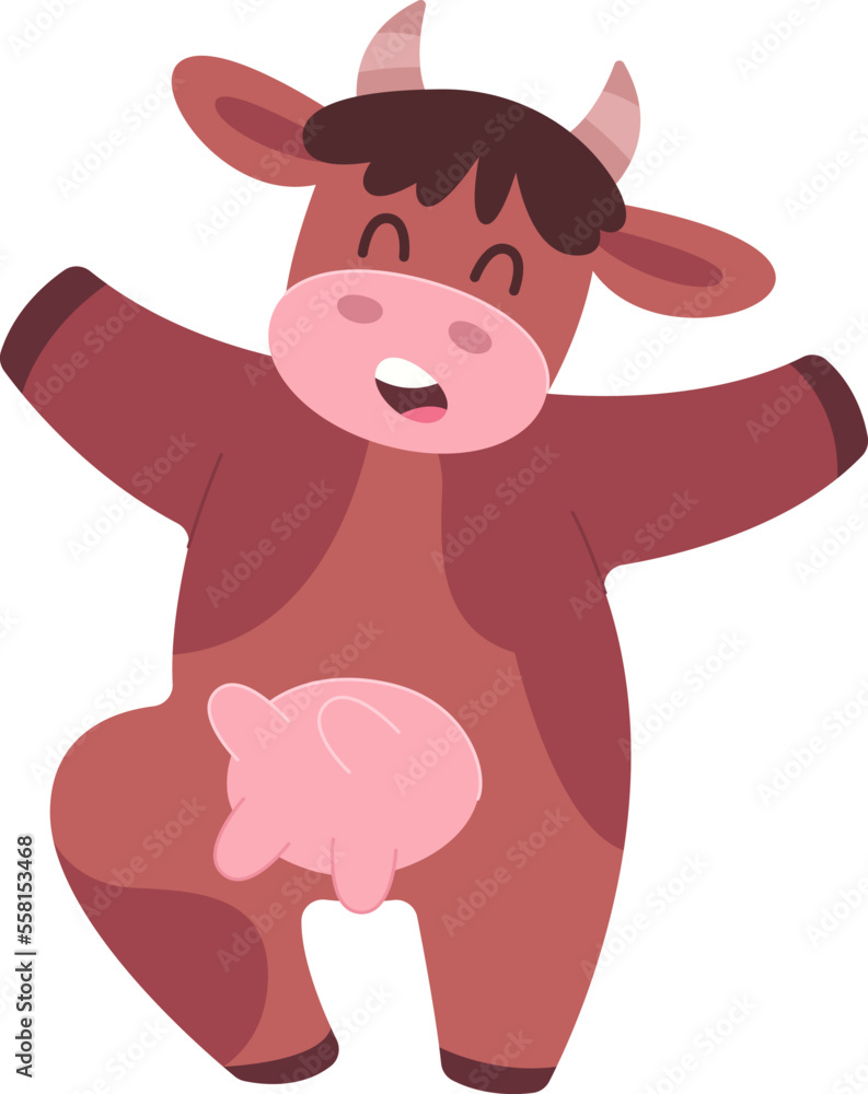 Fototapeta premium Happy cow dancing flat icon Funny domestic animal