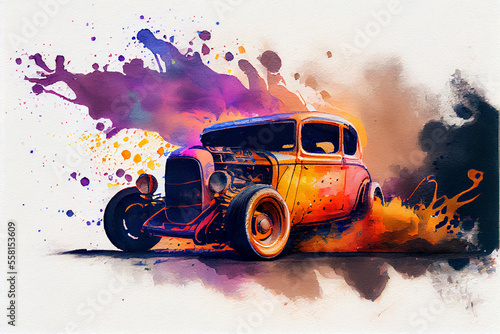 Creative colorful custom hot rod vintage car with splash background watercolor painting