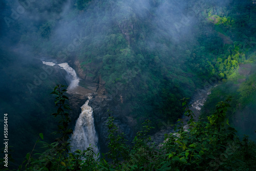 Areal view of beautiful mist covered Magod waterfalls, Yellapur,Karnataka,India photo