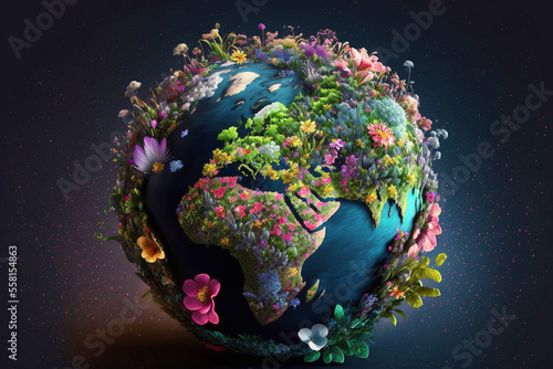 Fototapeta Naklejka Na Ścianę i Meble -  beautiful planet earth made of flowers and sprouting plants, save the planet, planet day, the world inside the globe, renew, generative ai