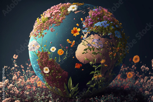 Fototapeta Naklejka Na Ścianę i Meble -  beautiful planet earth made of flowers and sprouting plants, save the planet, planet day, the world inside the globe, renew, generative ai