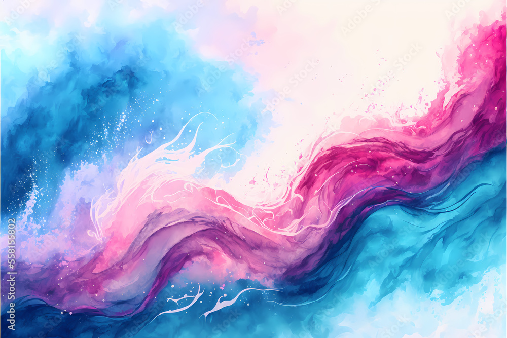 An abstract watercolor background featuring waves of blue and pink, with a visible paint watercolor texture,  illustration digital generative ai design art style