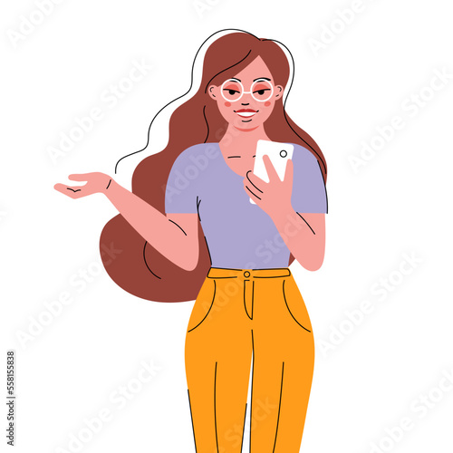 Cartoon vector illustration of Concept of on-line video chat app, internet talk, call technology. Woman use phone. Flat