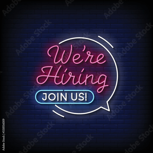 neon sign we are hiring with brick wall background vector illustration