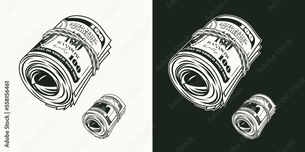 Money roll tied with rope. Rolls with obverse and reverse side of ...