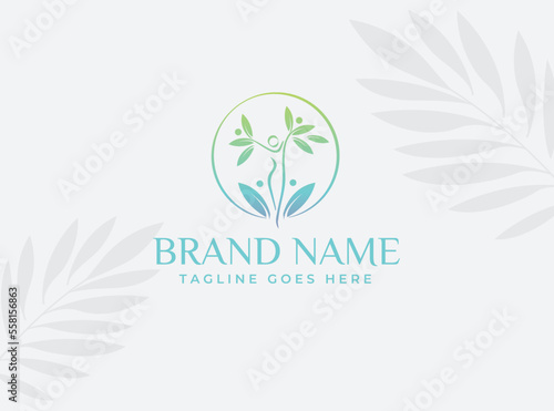 Abstract life logo design with green leaves and human silhouette. Healthy lifestyle theme. Flat vector emblem for medical care or wellness center