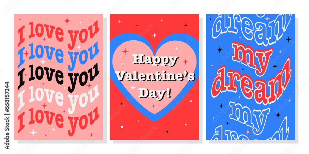 Valentine's Day greeting card set. Hand drawn trendy cartoon heart, love lettering. Vector illustration Valentine's Day greeting card set. Hand drawn trendy cartoon heart, love lettering. Vector illustration