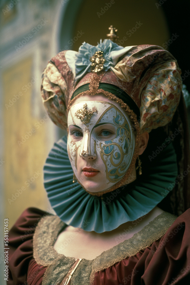 Venetian mask . Carnival mask in Venice, Italy. Carnival Venice. portrait of Costumed woman at the Venetian Parade. Created with Generative AI technology.