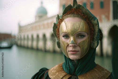 Beautiful young woman with mysterious look, Venetian mask. Famous carnival in Venice, Italy. Created with Generative AI technology.