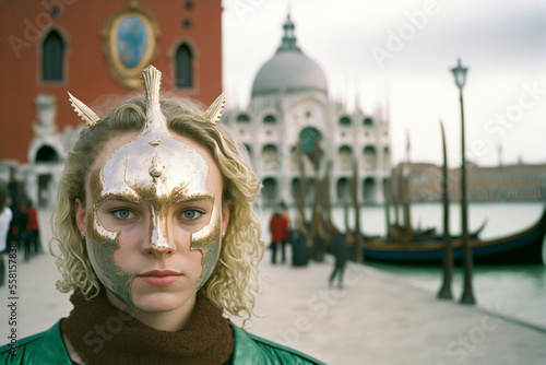 Beautiful young woman with mysterious look, Venetian mask. Famous carnival in Venice, Italy. Created with Generative AI technology.