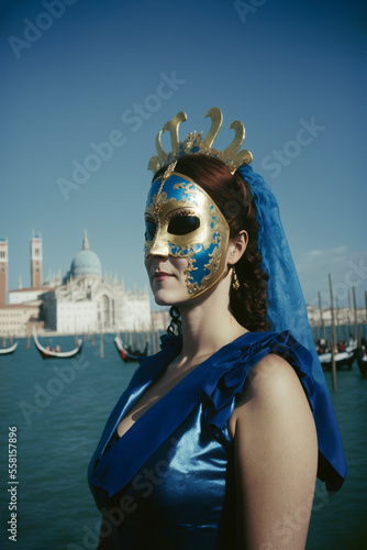 Beautiful young woman prepares for carnival, mysterious look, Venetian mask. Created with Generative AI technology.