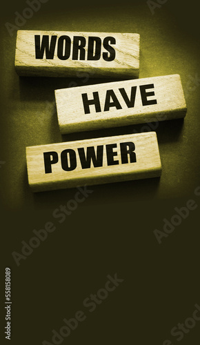 Words Have Power - text on wooden blocks on dark grey background. Powerfull force of communication, storytelling business concept